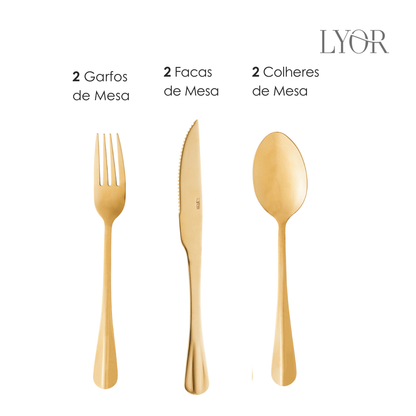 Conjunto 6 Talheres para 2 Pessoas de Aço Inox Positano Dourado - Lyor
