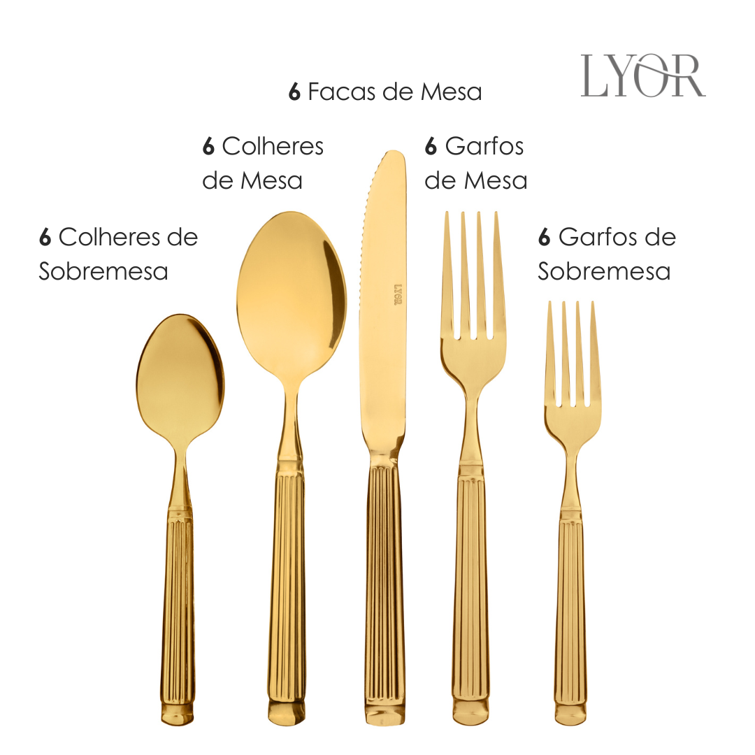 Faqueiro 30 Peças Grécia Dourado Aço Inox - Lyor