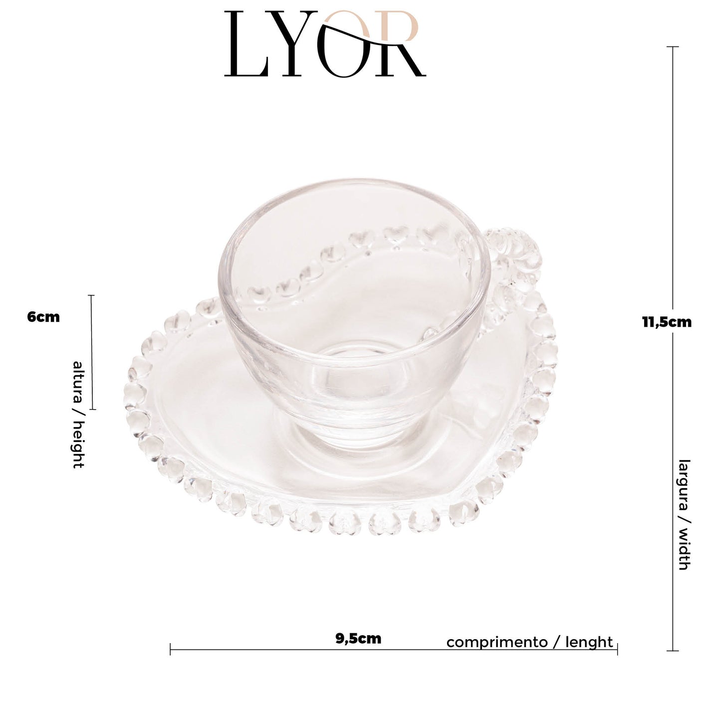 Xícara de Café de Cristal com Pires Coração 80ml - Lyor