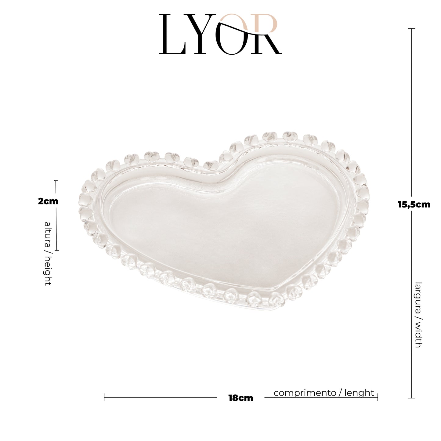 Prato para Sobremesa de Cristal Coração 18cm x 15,5cm x 2cm- Lyor