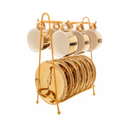Conjunto 6 Xícaras de Café de Porcelana com Pires e Suporte Versa Dourado/Branco 90ml - Wolff