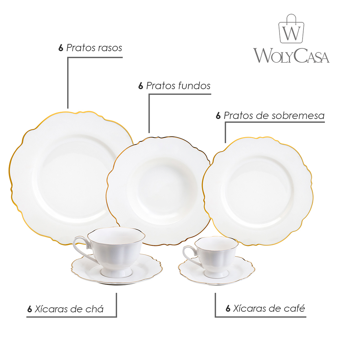 Aparelho de Jantar 42 Peças de Porcelana Maldivas com Fio de Ouro - Wolff