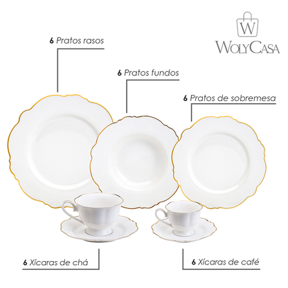 Aparelho de Jantar 42 Peças de Porcelana Maldivas com Fio de Ouro - Wolff