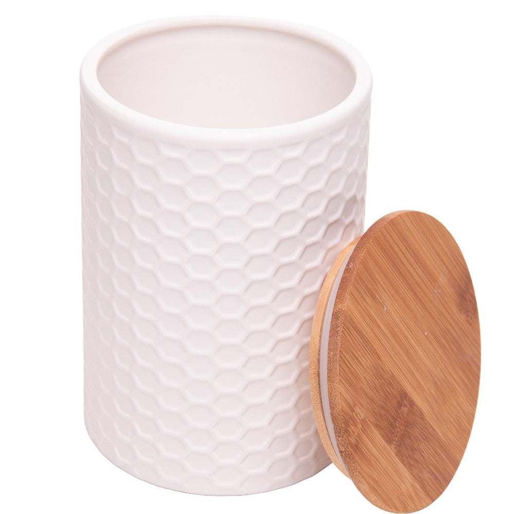 Potiche com Tampa de Bambu Beelisse 11cm x 15,8cm Branco Cerâmica - Wolff