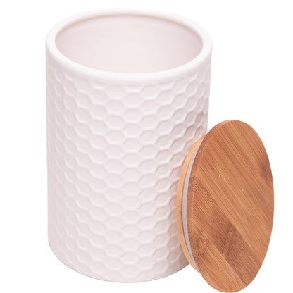 Potiche com Tampa de Bambu Beelisse 11cm x 15,8cm Branco Cerâmica - Wolff