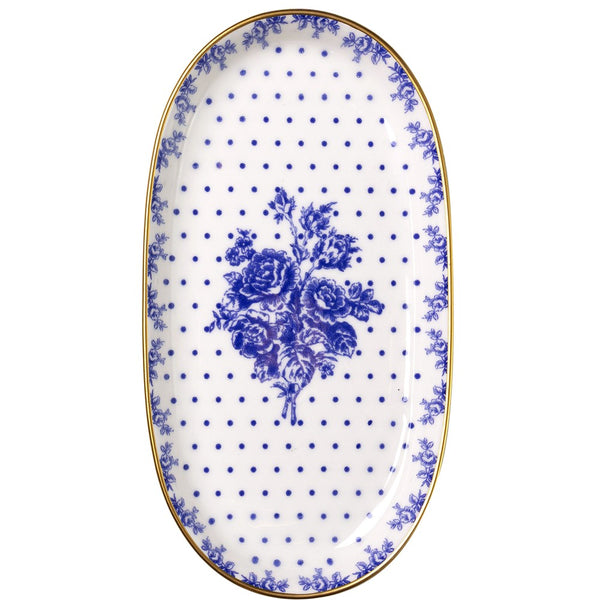 Travessa Retangular Duchesse Blue com Fio de Ouro 24cm x 13cm Branco Cerâmica - Wolff
