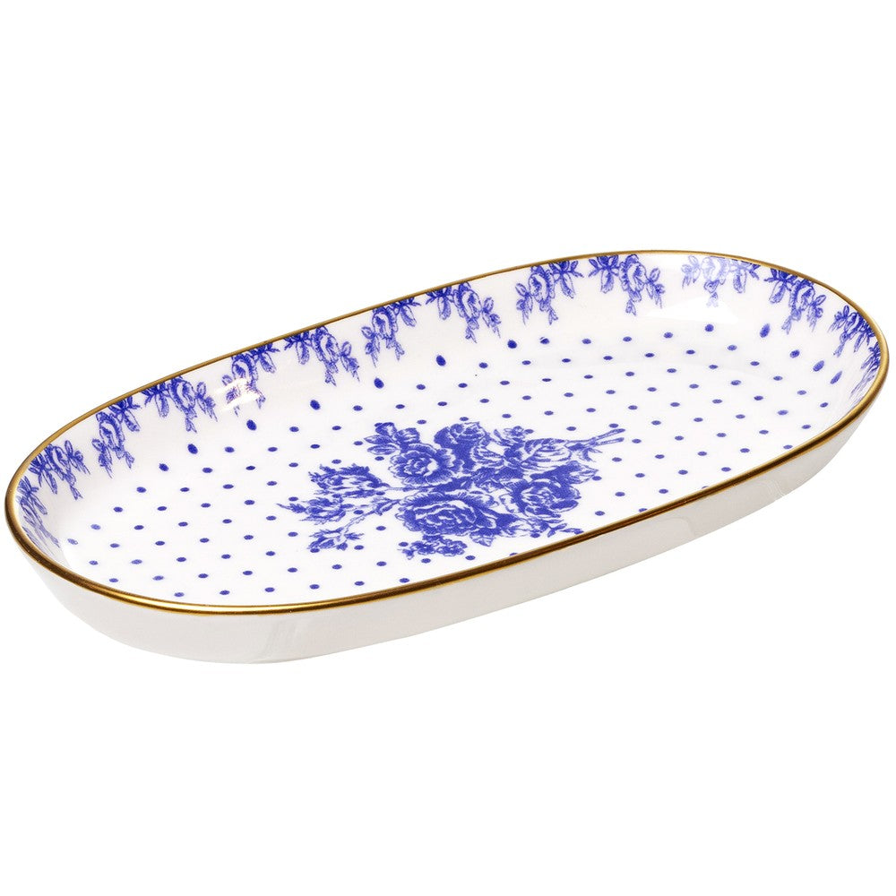 Travessa Retangular Duchesse Blue com Fio de Ouro 24cm x 13cm Branco Cerâmica - Wolff