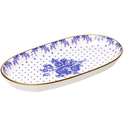 Travessa Retangular Duchesse Blue com Fio de Ouro 24cm x 13cm Branco Cerâmica - Wolff