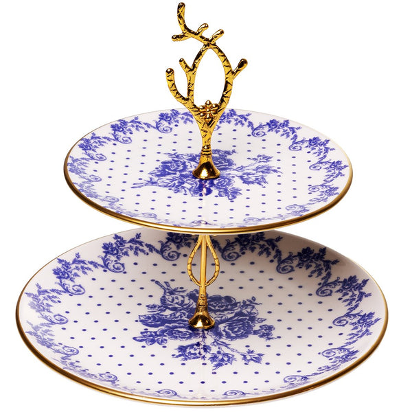 Prato Doces 2 Andares Duchesse Blue com Fio de Ouro 26cmx 19cm Branco Cerâmica - Wolff