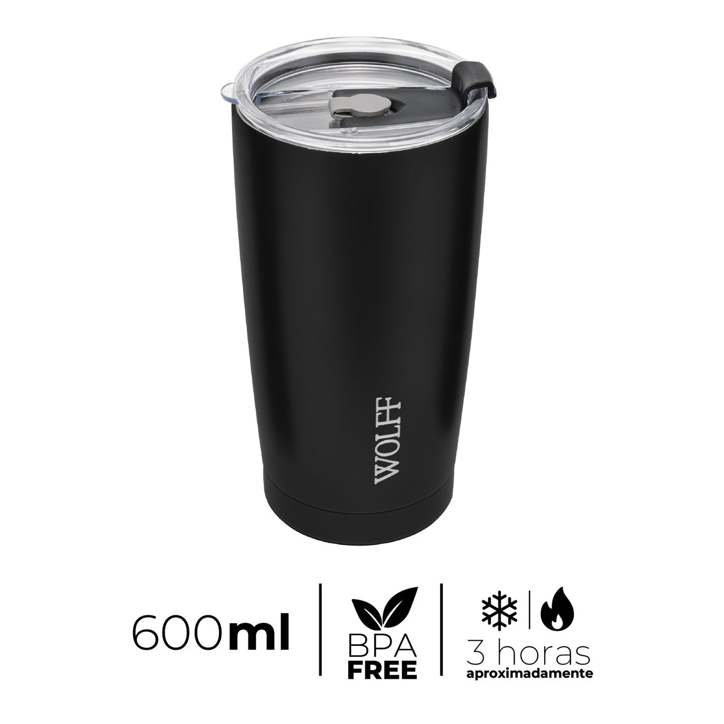 Copo Térmico de Aço Inox Parede Dupla com Tampa Preto 600ml - Wolff