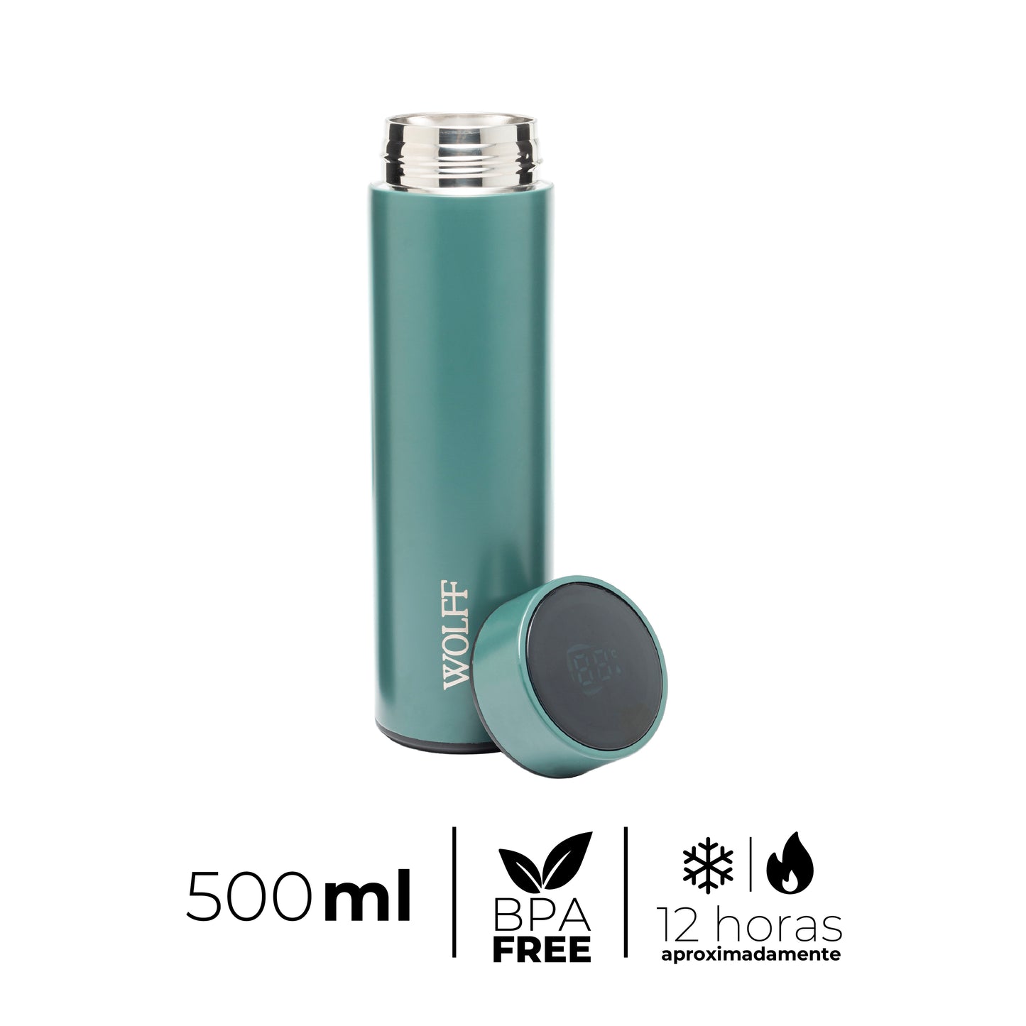 Garrafa Térmica de Aço Inox com Termômetro em LED Verde 500ml - Wolff