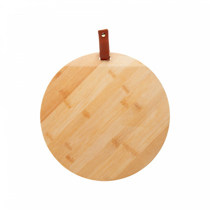 Tábua de Corte Redonda com Alça em Couro Ecológico 18cm x 1cm Bambu - Wolff