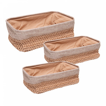 Conjunto 3 Cestas Retangulares com Forro em Tecido Duna Natural Papel - Wolff