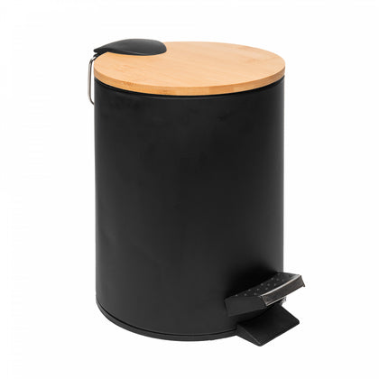 Lixeira Redonda de Metal com Pedal e Tampa em Bambu Preta 5L - Lyor