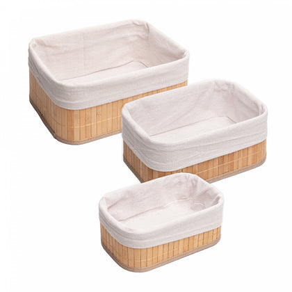 Conjunto 3 Cestos Retangulares de Bambu com Forro em Tecido - Lyor