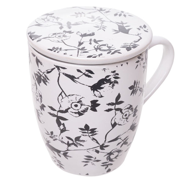 Caneca com Tampa e Filtro NuancesTiny Flowers 330ml Branca Cerâmica - Lyor