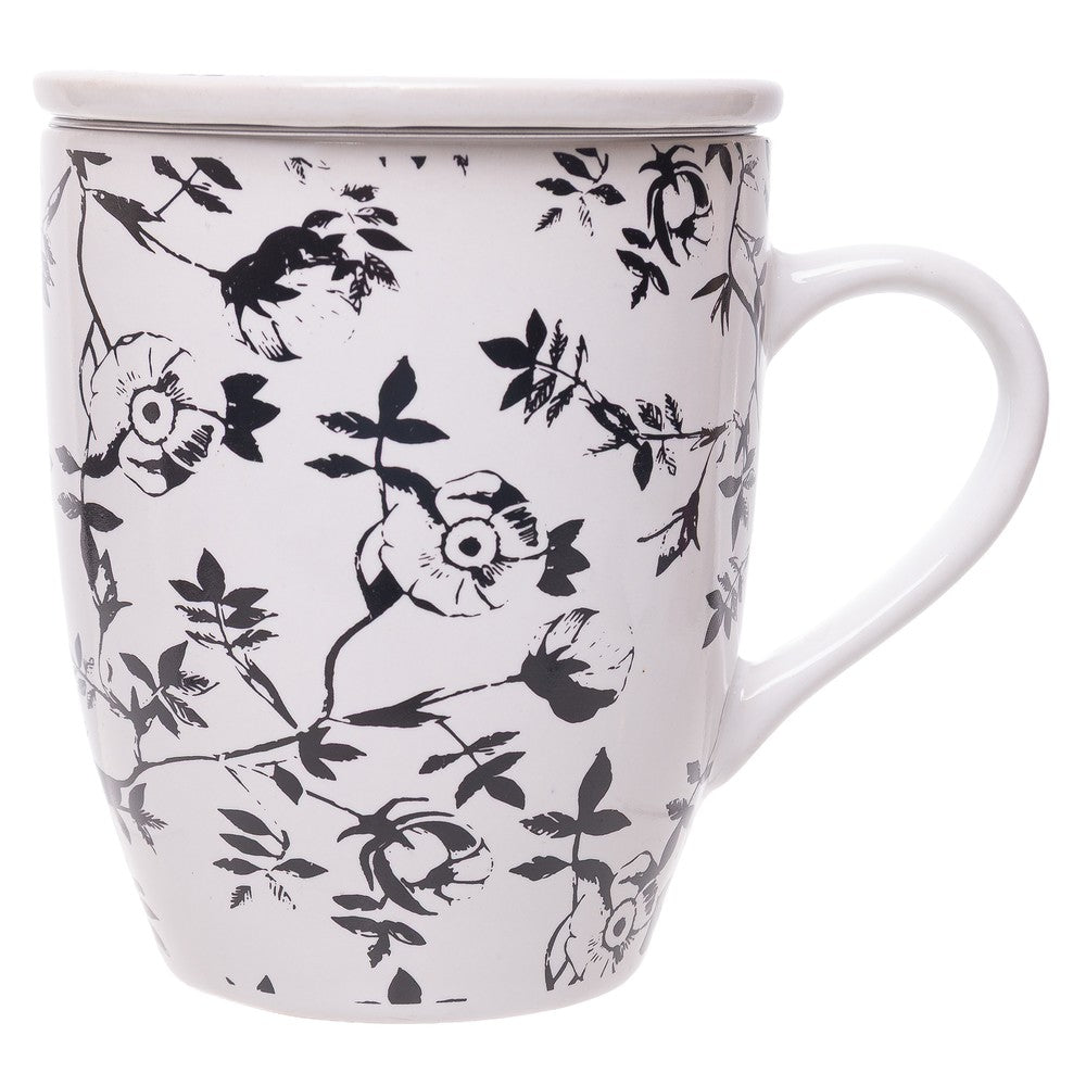 Caneca com Tampa e Filtro NuancesTiny Flowers 330ml Branca Cerâmica - Lyor