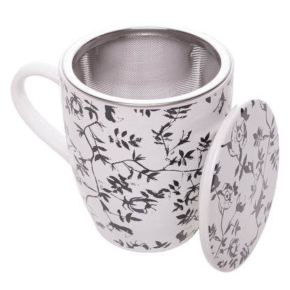 Caneca com Tampa e Filtro NuancesTiny Flowers 330ml Branca Cerâmica - Lyor