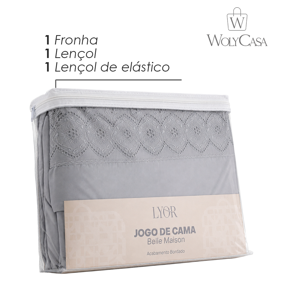 Jogo de Cama Bordado Solteiro Belle Maison Cinza Microfibra - Lyor