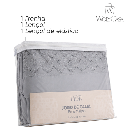 Jogo de Cama Bordado Solteiro Belle Maison Cinza Microfibra - Lyor