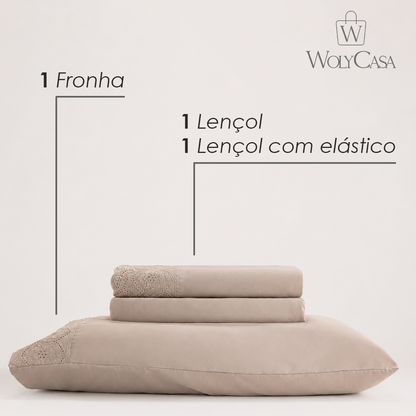 Jogo de Cama Bordado Solteiro Belle Maison Bege Microfibra - Lyor