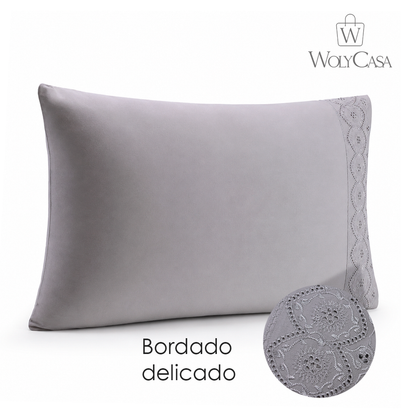 Jogo 2 Fronhas Bordado Belle Maison 50cm x 70cm Cinza Microfibra - Lyor