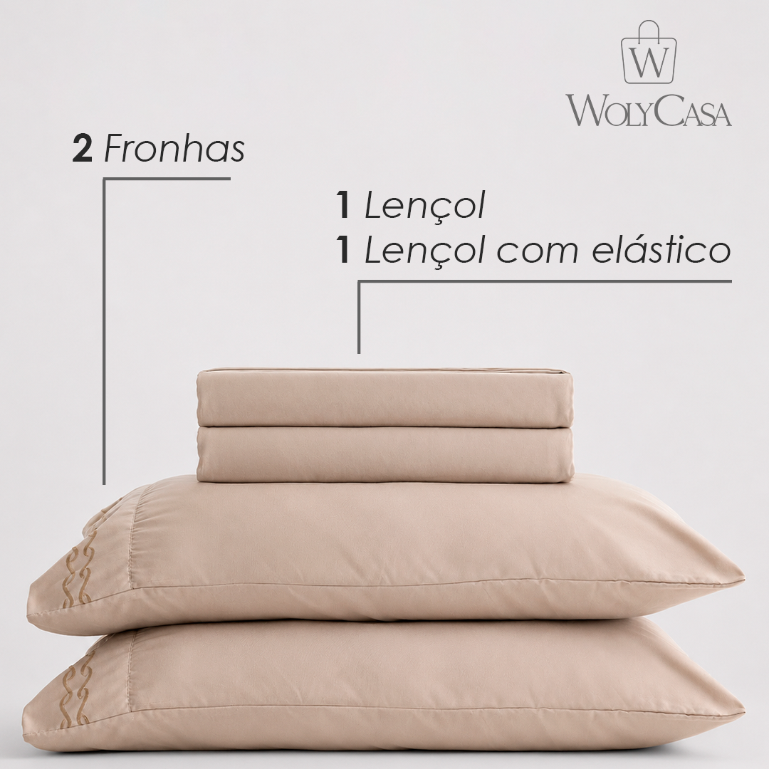 Jogo de Cama Bordado Queen Duquesa Bege Microfibra - Lyor