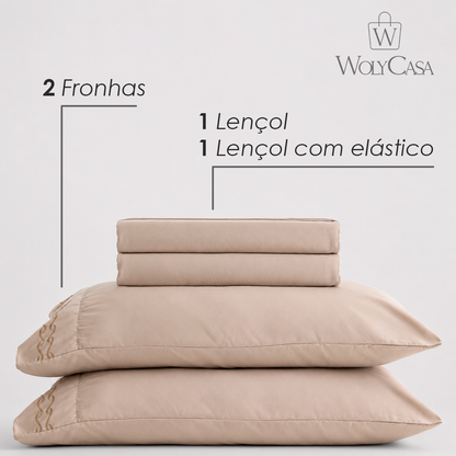 Jogo de Cama Bordado Queen Duquesa Bege Microfibra - Lyor