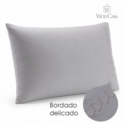 Jogo 2 Fronhas Bordado Duquesa 50cm x 70cm Cinza Microfibra - Lyor