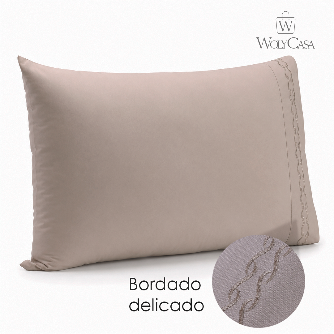 Jogo 2 Fronhas Bordado Duquesa 50cm x 70cm Bege Microfibra - Lyor