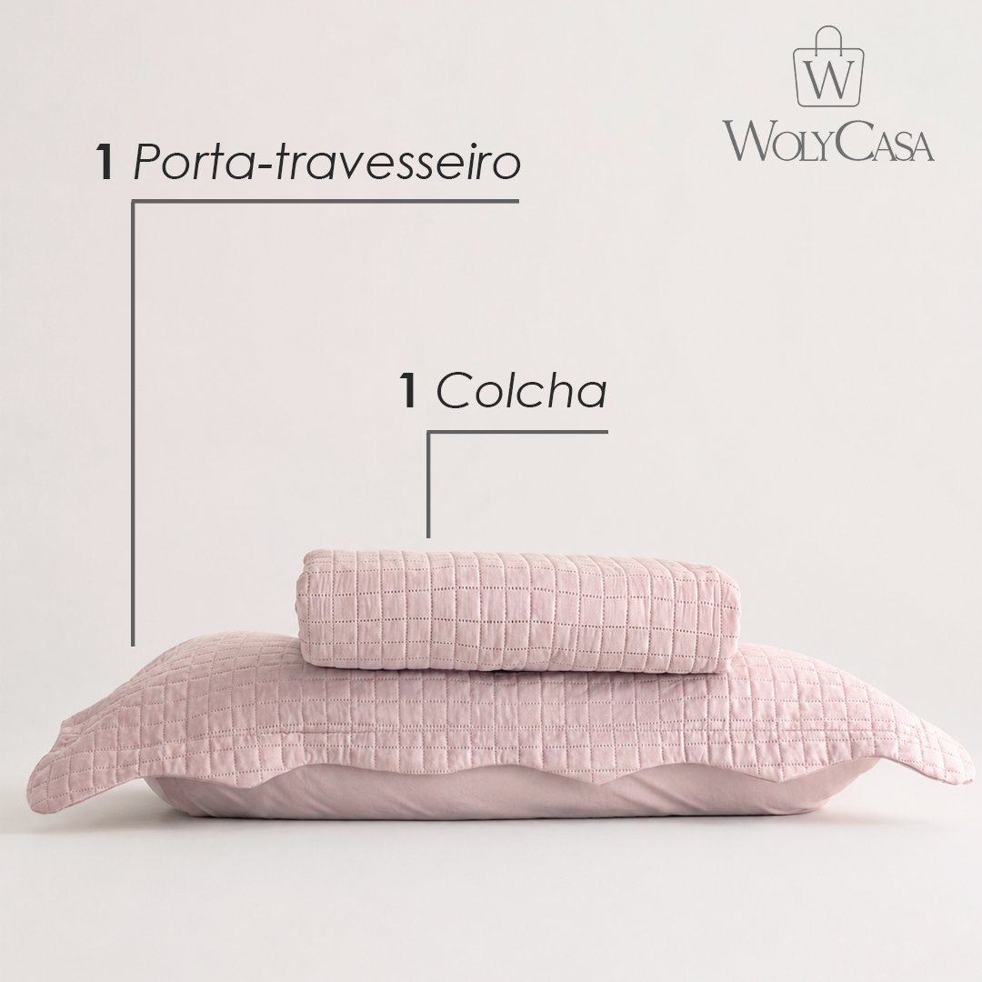 Colcha Matelassê Quadrat Solteiro com 1 Porta Travesseiro Rosa Microfibra - Lyor