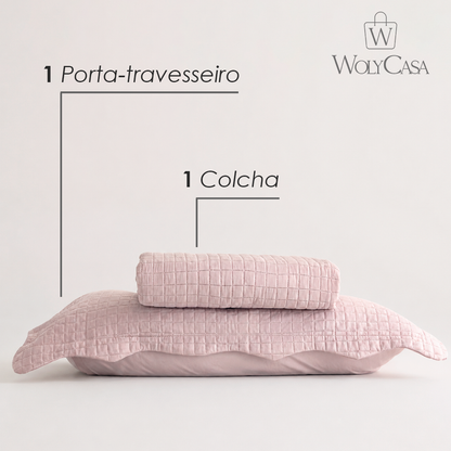 Colcha Matelassê Quadrat Solteiro com 1 Porta Travesseiro Rosa Microfibra - Lyor
