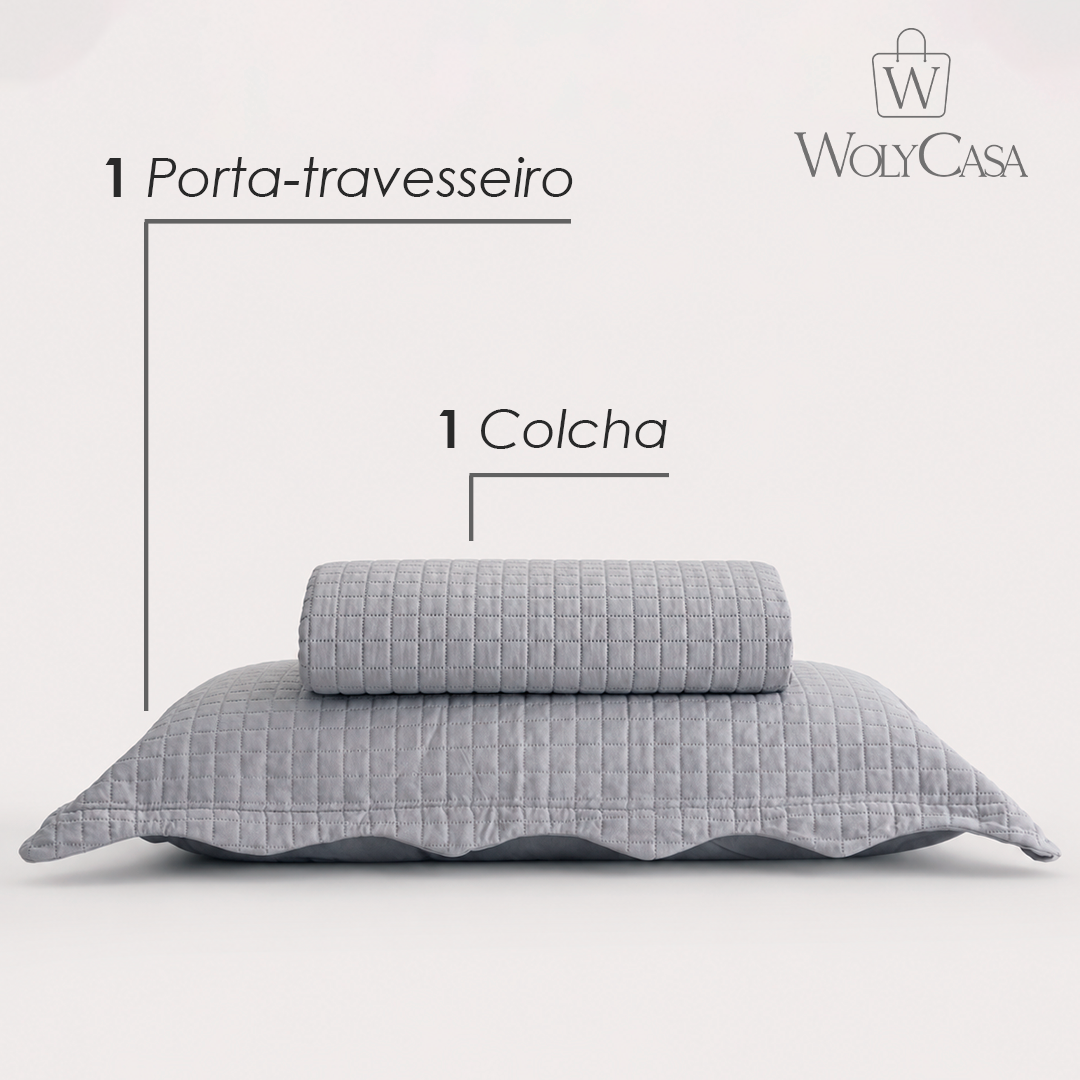 Colcha Matelassê Quadrat Solteiro com 1 Porta Travesseiro Cinza Microfibra - Lyor