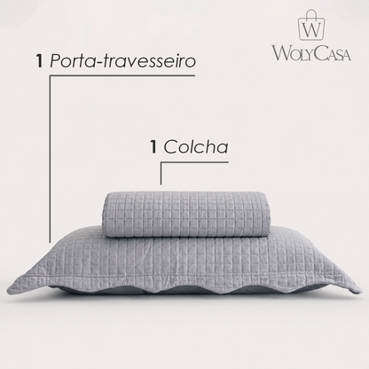 Colcha Matelassê Quadrat Solteiro com 1 Porta Travesseiro Cinza Microfibra - Lyor