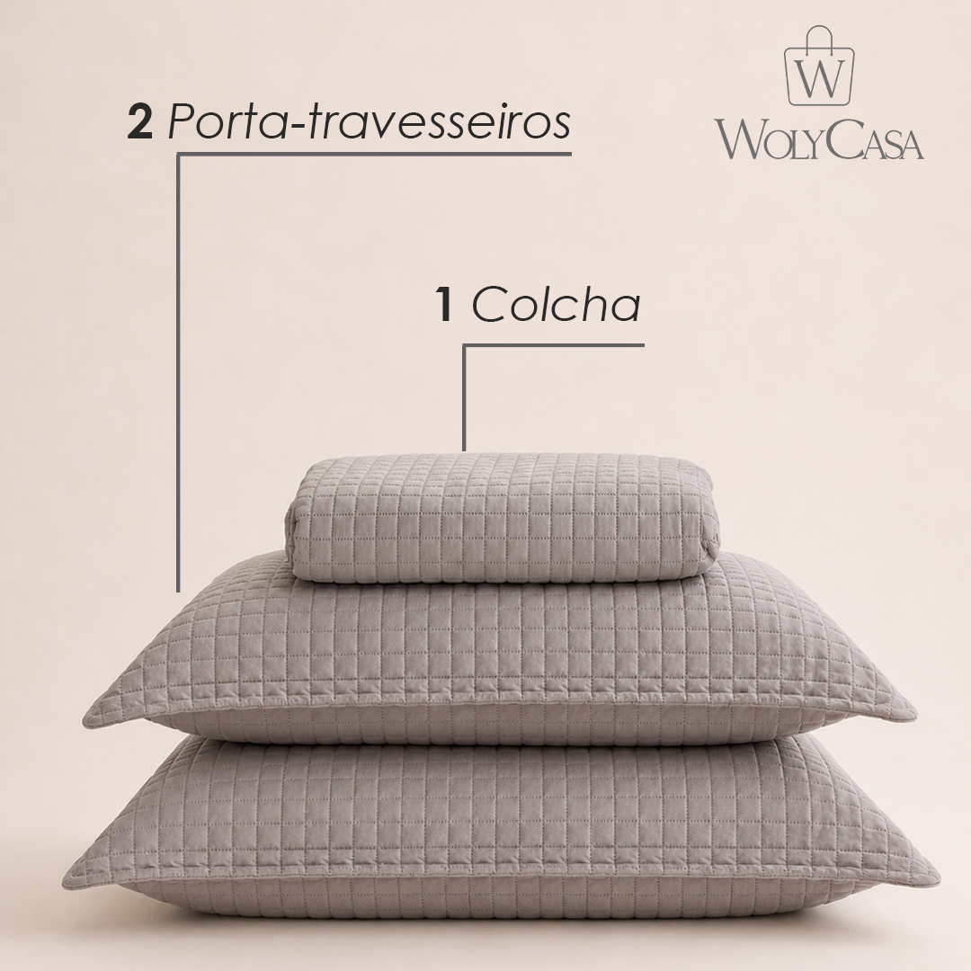 Colcha Matelassê Quadrat King com 2 Porta Travesseiros Cinza Microfibra - Lyor