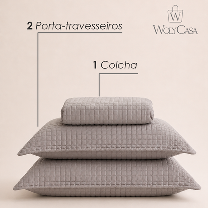 Colcha Matelassê Quadrat King com 2 Porta Travesseiros Cinza Microfibra - Lyor