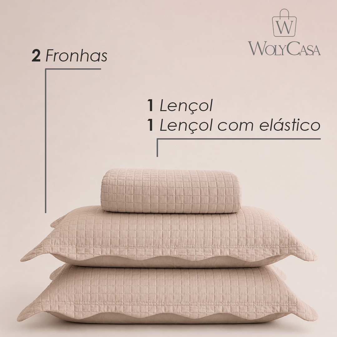 Colcha Matelassê Quadrat Queen com 2 Porta Travesseiros Bege Microfibra - Lyor