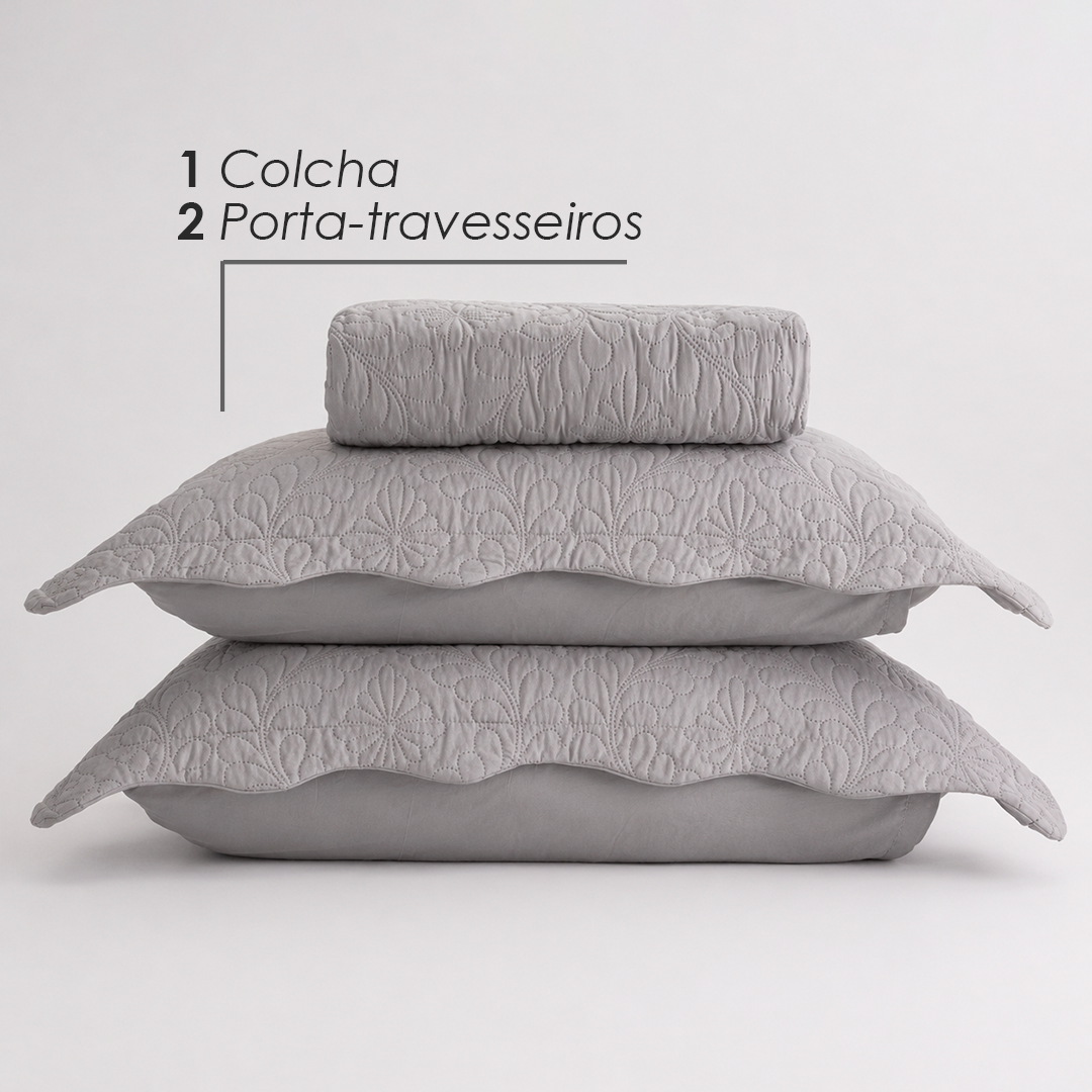 Colcha Matelassê Arabeske Casal com 2 Porta Travesseiros Cinza Microfibra - Lyor
