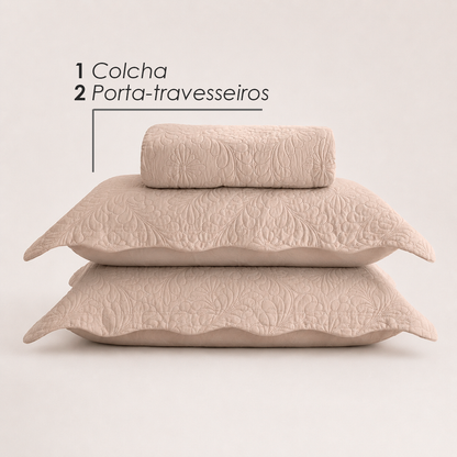 Colcha Matelassê Arabeske Casal com 2 Porta Travesseiros Bege Microfibra - Lyor