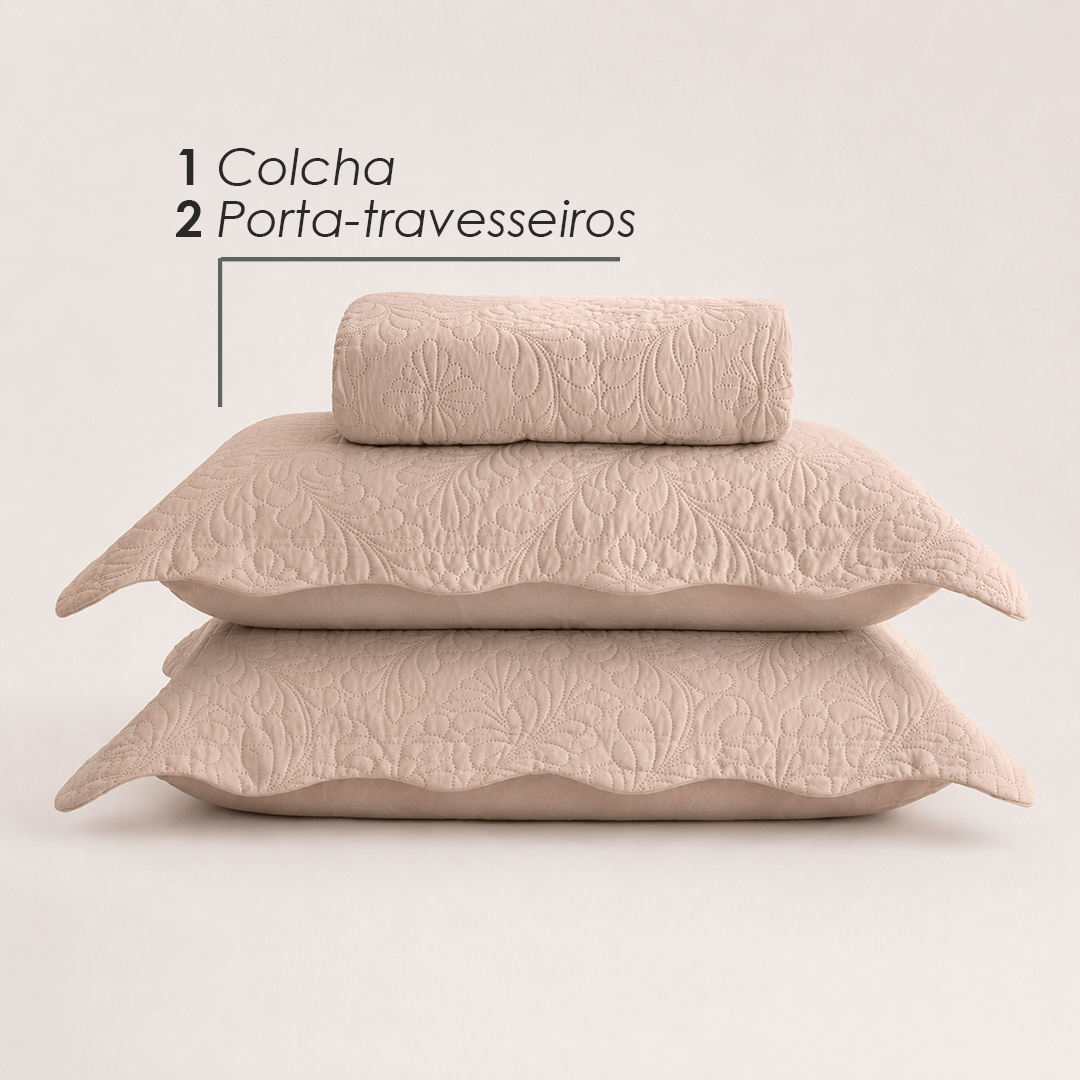 Colcha Matelassê Arabeske Queen com 2 Porta Travesseiros Bege Microfibra - Lyor