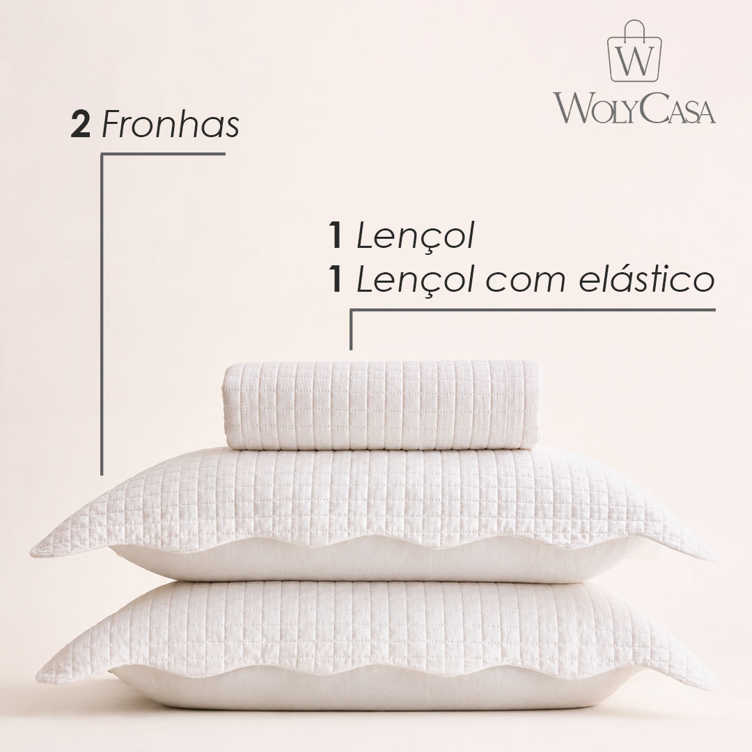 Colcha Matelassê Quadrat Queen com 2 Porta Travesseiros Branco Microfibra - Lyor
