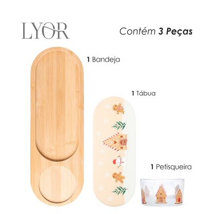 Conjunto 3 Peças Petisqueira com Bandeja e Tábua Encanto de Natal  36cm x 12cm x 6cm Bambu - Lyor
