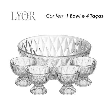 Conjunto 5 Peças Bowl e 4 Taças de Sobremesa Diamond 1,1L/120ml Cristal - Lyor