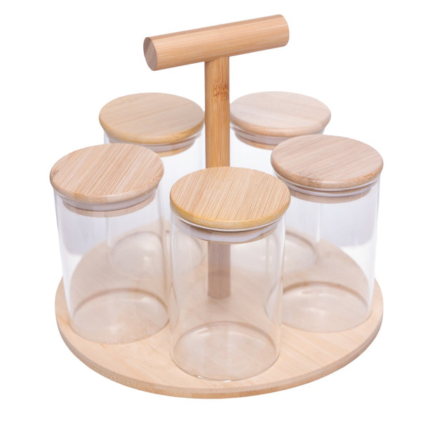 Conjunto 5 Potes com Tampa Hermética e Rack Giratório de Bambu 120ml Vidro Borossilicato - Wolff