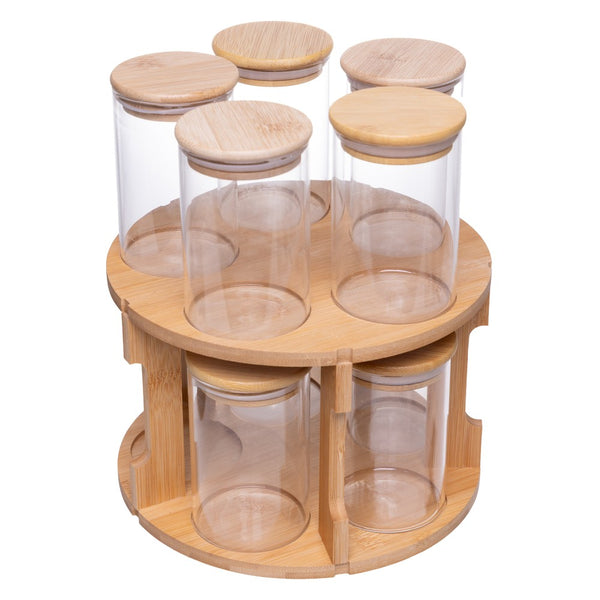Conjunto 10 Potes com Tampa Hermética e Rack Giratório de Bambu 120ml Vidro Borossilicato - Wolff