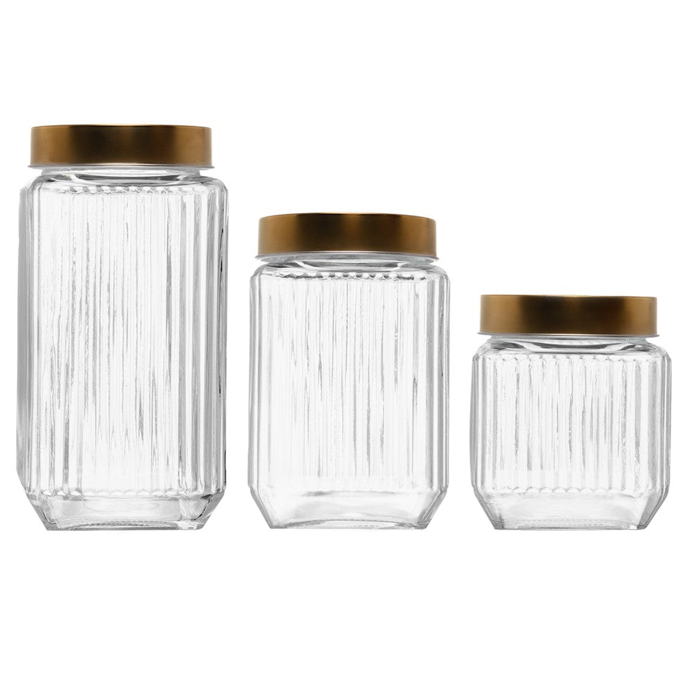 Conjunto 3 Potes com Tampa Dourada Lines 1L/750ml/500ml Vidro - Wolff
