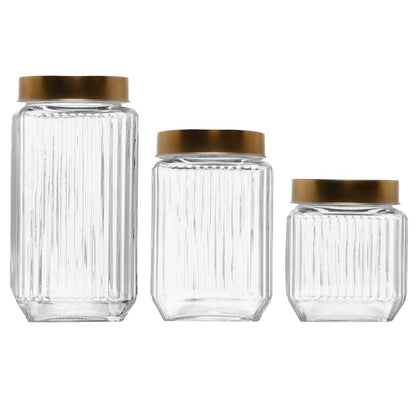 Conjunto 3 Potes com Tampa Dourada Lines 1L/750ml/500ml Vidro - Wolff