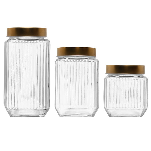 Conjunto 3 Potes com Tampa Dourada Lines 1L/750ml/500ml Vidro - Wolff