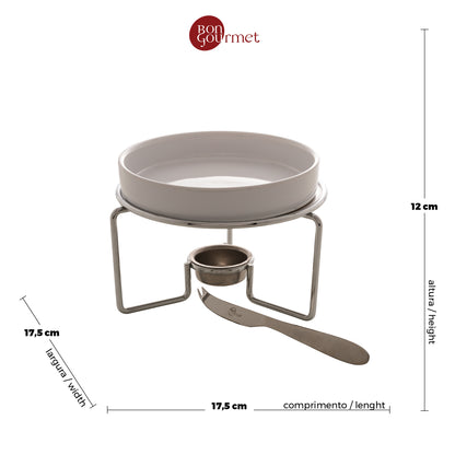 Conjunto 3 Peças Rechaud de Cerâmica para Queijo Brie com Faca Aço Inox e Base Niquelada - Wolff