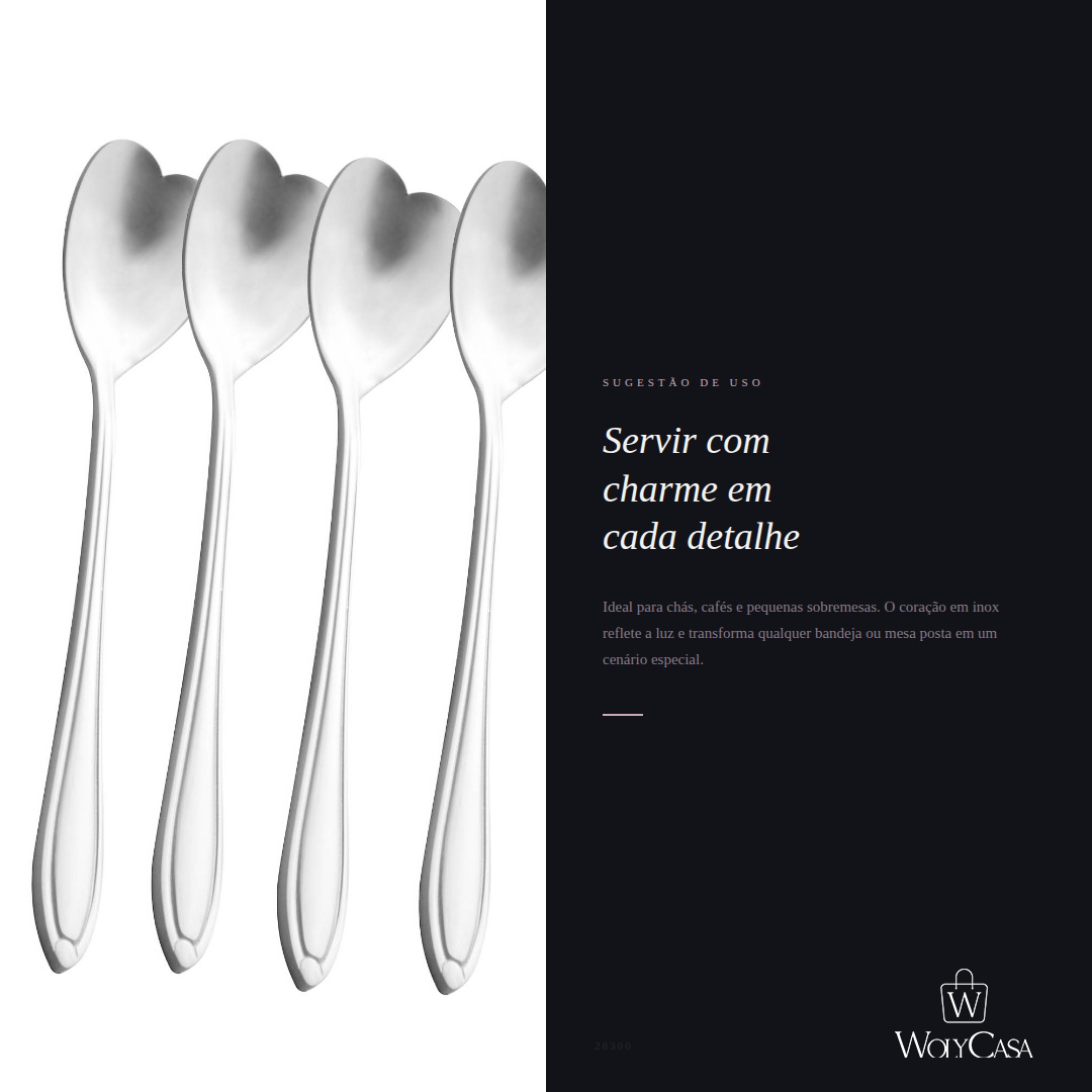 Conjunto 4 Colheres de Chá de Aço Inox Heart Prata - Wolff